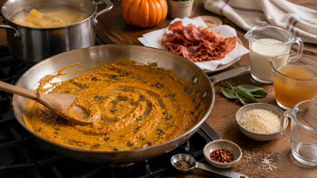 Savory pumpkin, sage and garlic sauce base cooking in a skillet with crispy prosciutto and cream waiting separately before the pasta is combined.