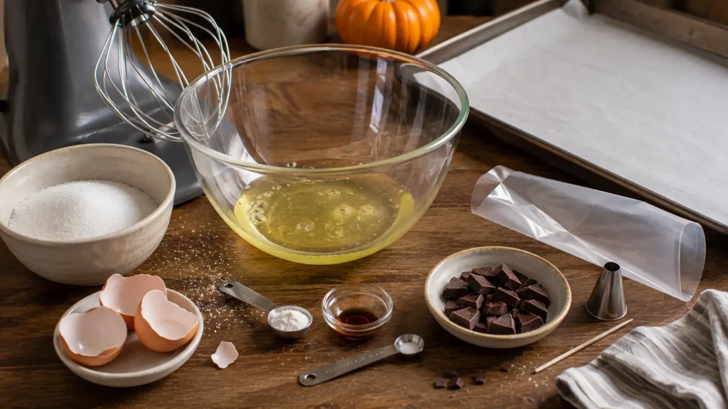 Ingredients for ghost meringue cookies including egg whites, granulated sugar, cream of tartar, vanilla and dark chocolate with baking equipment.