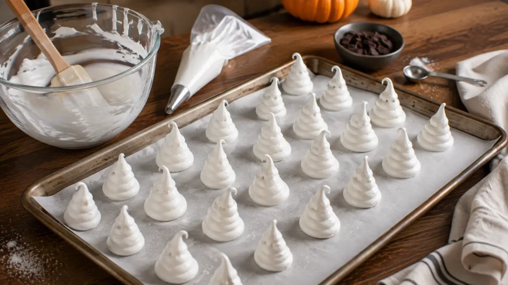 Raw white meringue piped into small ghost shapes on a parchment-lined baking sheet before baking and adding chocolate faces.