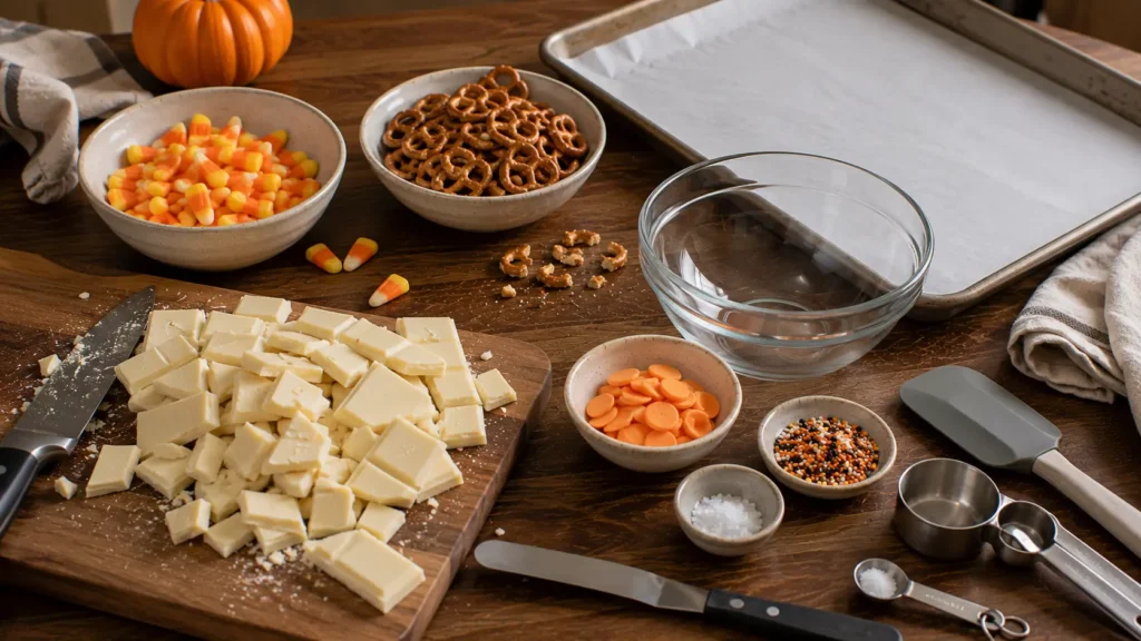 Ingredients for candy corn white chocolate bark including white chocolate, candy corn, mini pretzels, Halloween sprinkles and orange candy melts.