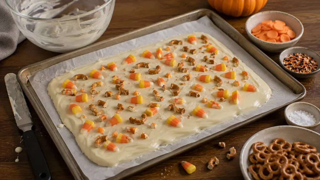 Melted white chocolate spread on parchment and topped with candy corn and broken pretzels before adding sprinkles, orange drizzle and chilling.