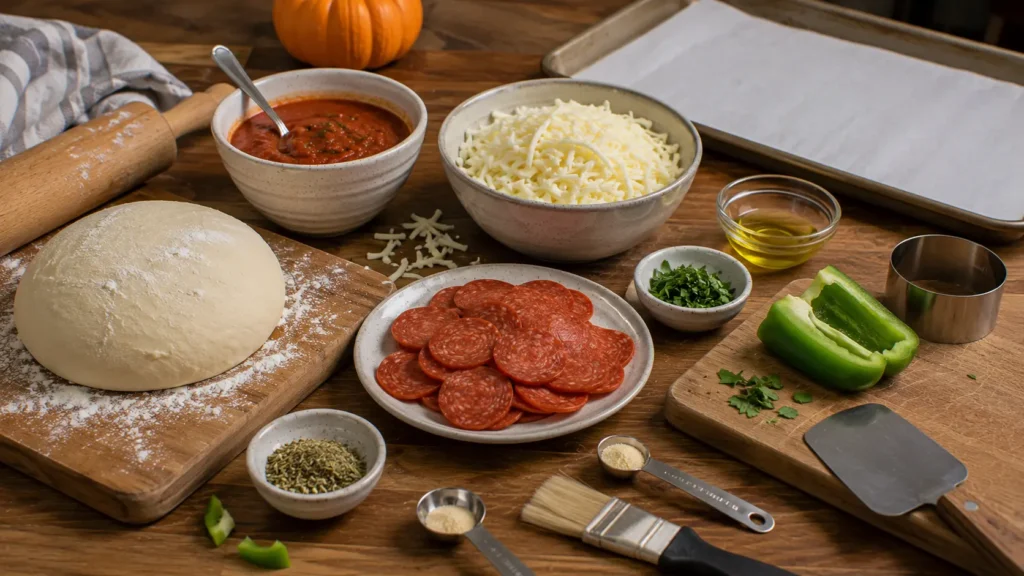 Ingredients for Jack-O’-Lantern Pizza Bites including pizza dough, tomato sauce, mozzarella, pepperoni, olive oil and green bell pepper.