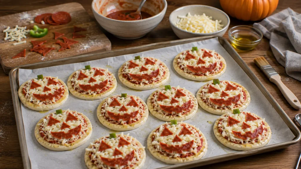 Unbaked mini pizzas topped with tomato sauce, shredded mozzarella and hand-cut pepperoni jack-o’-lantern faces on a baking sheet before baking.
