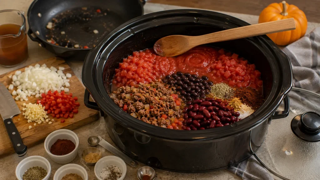 Browned ground beef, beans, tomatoes, vegetables, broth and mild chili spices layered in an open slow cooker before stirring and slow cooking.
