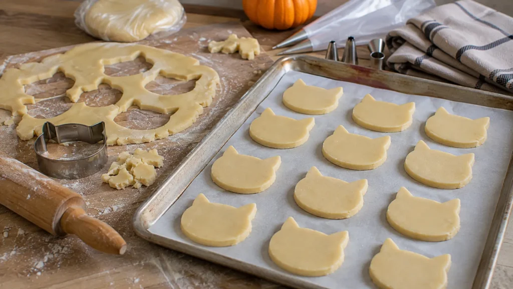 Raw cat-shaped sugar cookie cutouts on a parchment-lined baking sheet with rolled dough and scraps before chilling and baking.