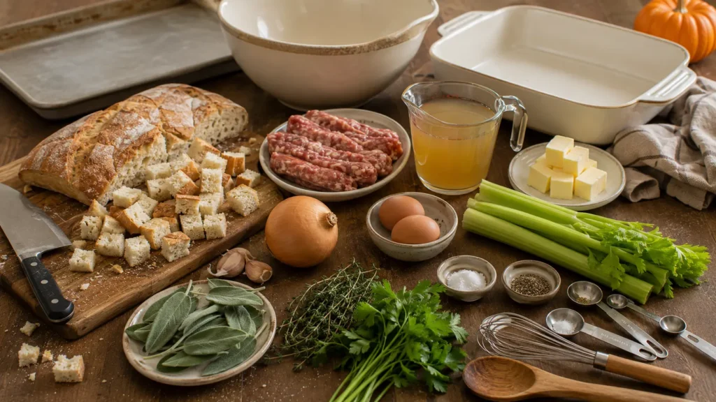 Ingredients for brown butter sage sausage stuffing including rustic bread, Italian sausage, butter, celery, onion, fresh sage, thyme, parsley, broth and eggs.