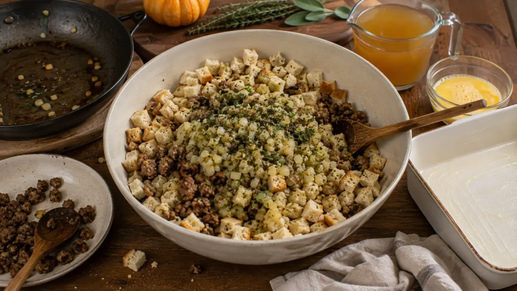 Dried bread cubes, browned sausage and brown butter sage vegetables combined in a mixing bowl with broth and eggs waiting to be added before baking.