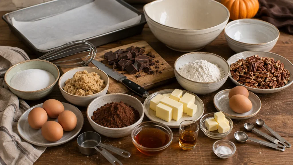 Ingredients for Maple Bourbon Pecan Pie Brownies including chocolate, cocoa, butter, eggs, brown sugar, maple syrup, bourbon and pecans.