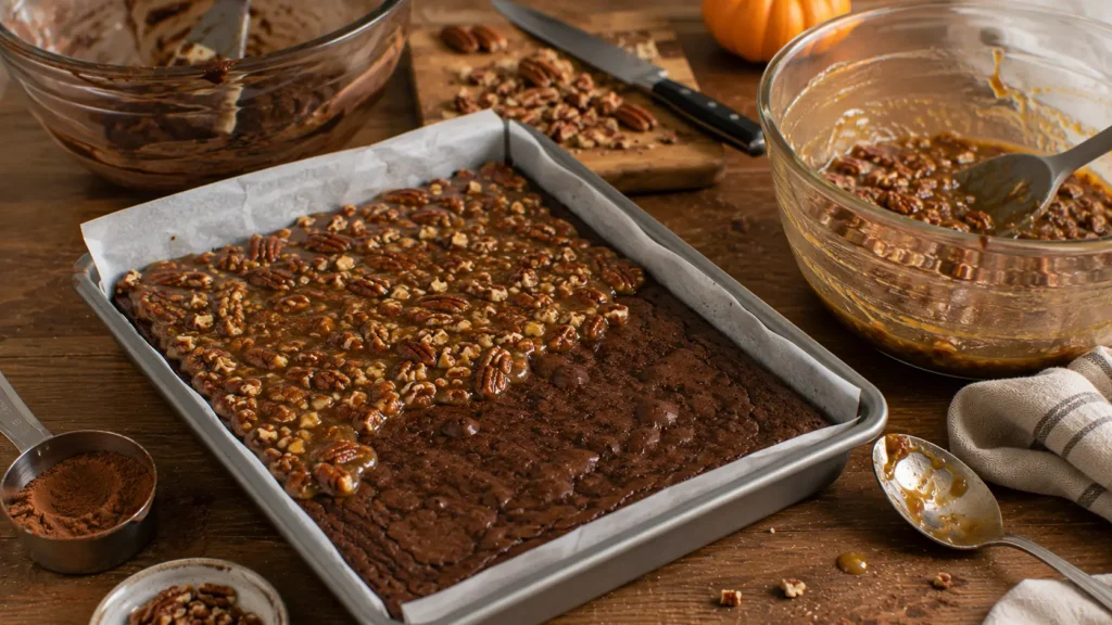 Raw maple bourbon pecan topping being added to a partially baked chocolate brownie layer before the brownies return to the oven.