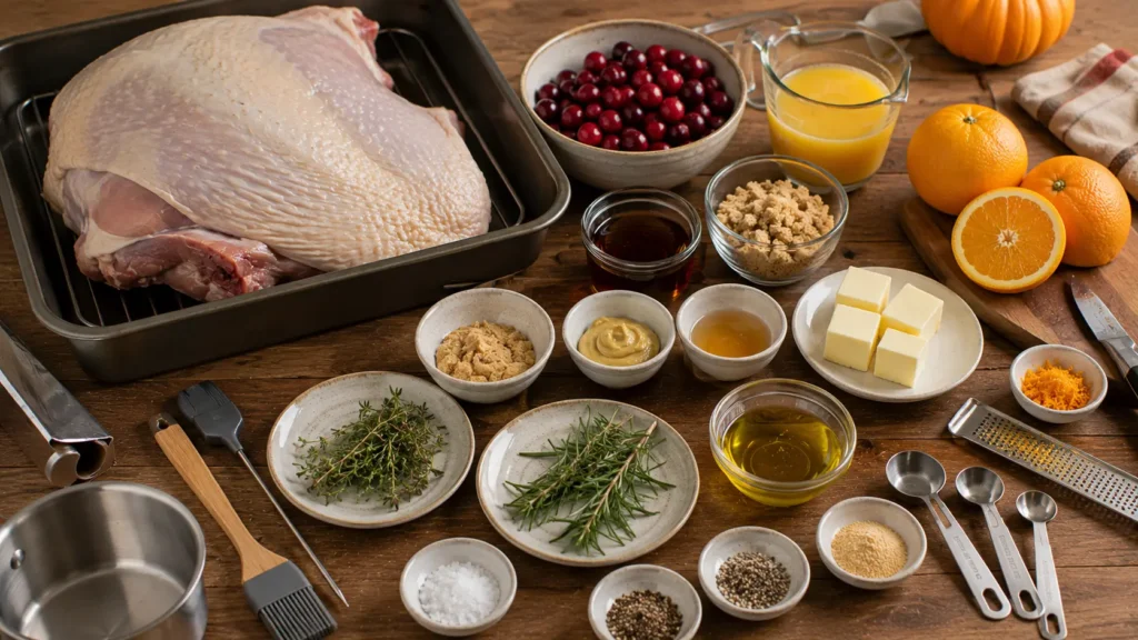 Ingredients for Cranberry Orange Glazed Turkey Breast including bone-in turkey breast, fresh cranberries, oranges, maple syrup, herbs, Dijon mustard and butter.