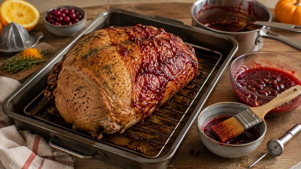 Golden roasted turkey breast receiving its first thin layer of cranberry orange glaze in a roasting pan before final glazing and roasting.