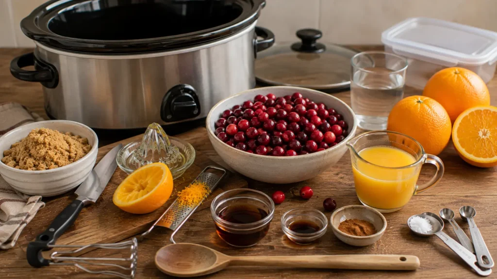 Ingredients for slow cooker cranberry sauce including fresh cranberries, oranges, brown sugar, maple syrup, cinnamon and vanilla.