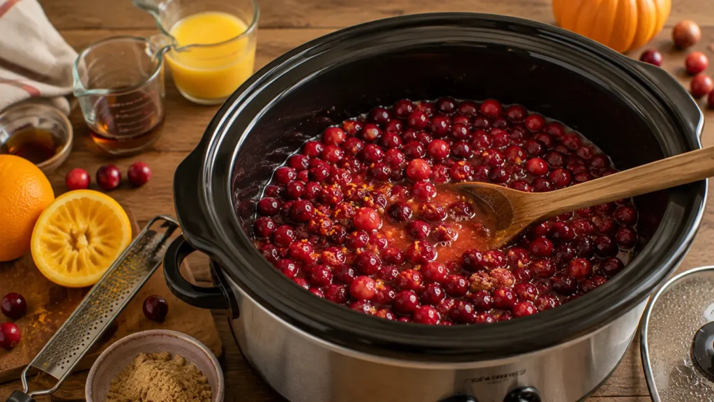 Cranberries beginning to soften in a slow cooker with orange juice, orange zest, brown sugar and maple syrup before thickening into cranberry sauce.
