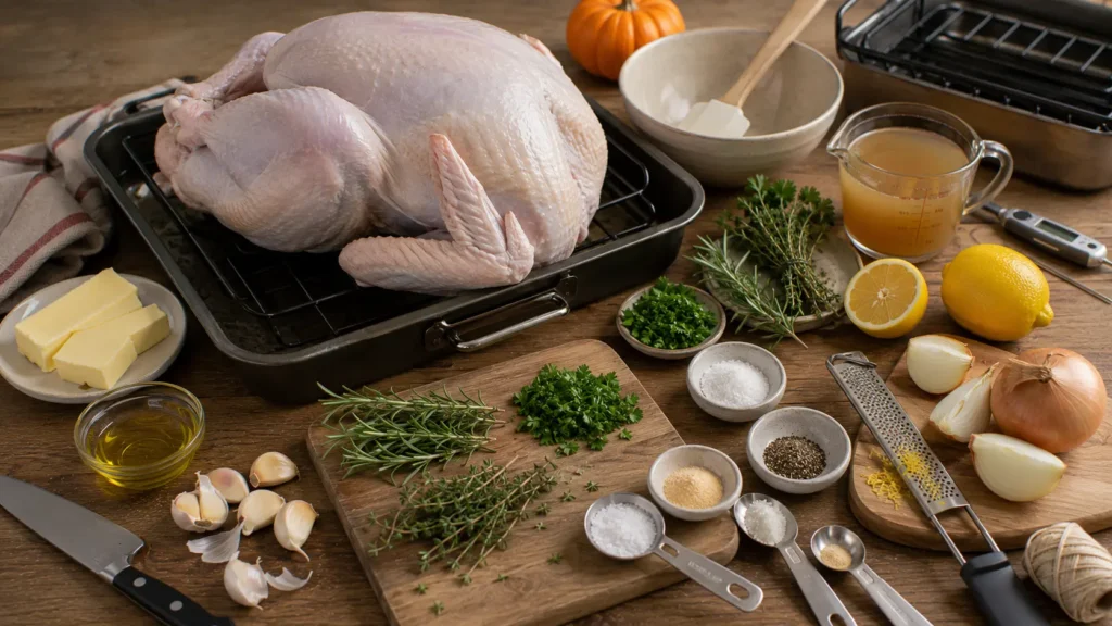 Ingredients for lighter garlic herb roasted turkey including a whole turkey, butter, olive oil, garlic, rosemary, thyme, parsley, lemon, onion and broth.