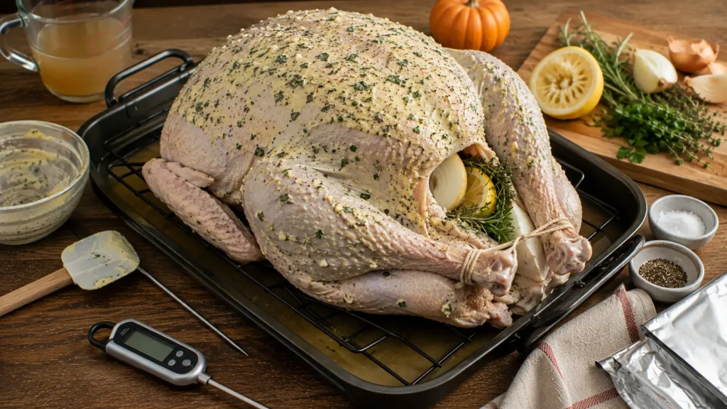 Raw whole turkey seasoned with garlic herb butter and olive oil on a roasting rack with lemon, onion and herbs before roasting.