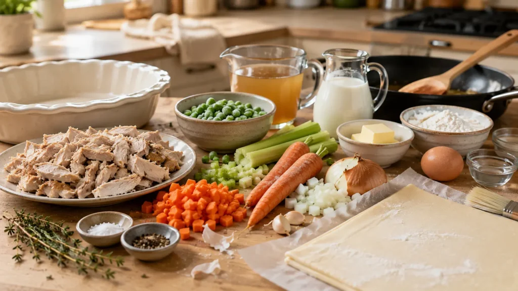 Ingredients for leftover turkey pot pie including cooked turkey, carrots, celery, peas, onion, broth, milk and puff pastry.
