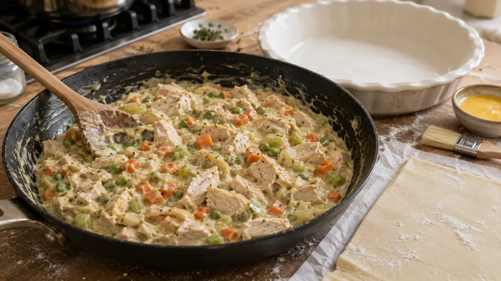 Creamy leftover turkey pot pie filling with cooked turkey, carrots and peas in a skillet beside raw puff pastry and an empty baking dish.