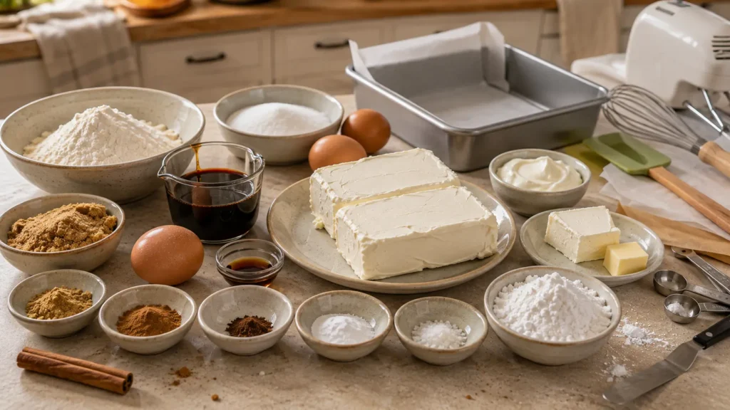 Ingredients for gingerbread cheesecake bars including flour, molasses, brown sugar, warm spices, cream cheese, eggs, sour cream and powdered sugar.