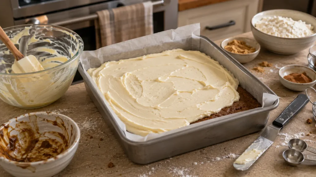 Raw cheesecake batter spread over a partially baked gingerbread base in a parchment-lined pan before the final baking stage.