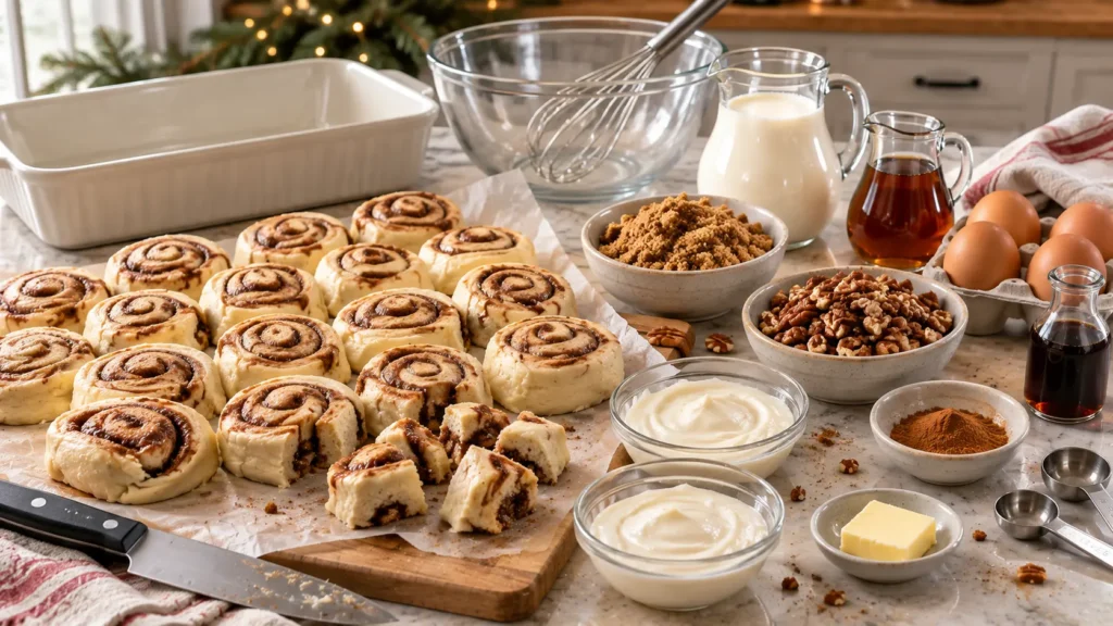 Ingredients for Christmas cinnamon roll casserole with raw refrigerated cinnamon rolls, eggs, cream, cinnamon, brown sugar, maple syrup and icing.