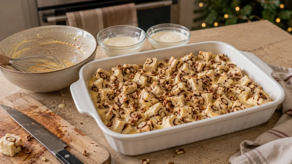 Unbaked cinnamon roll casserole with raw cinnamon roll pieces and cinnamon custard in a baking dish before going into the oven.