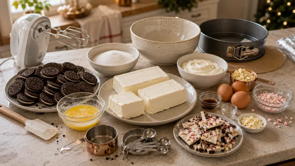 Ingredients for peppermint bark cheesecake including chocolate sandwich cookies, cream cheese, sour cream, eggs, white chocolate and peppermint bark.