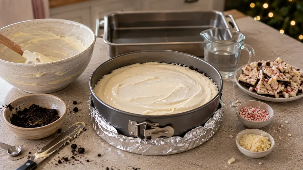 Unbaked peppermint cheesecake filling in a foil-wrapped springform pan over a chocolate cookie crust before baking.