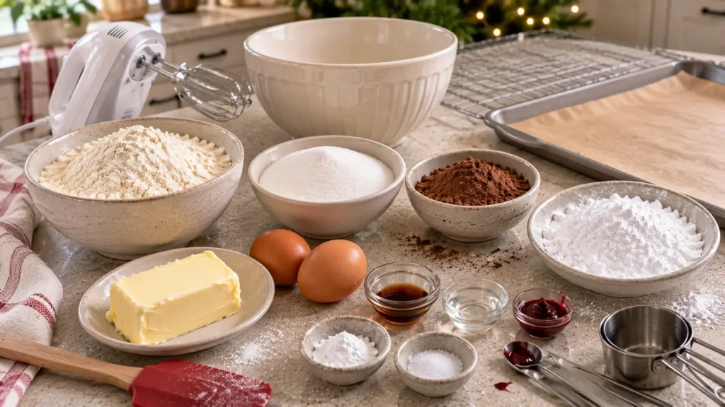Ingredients for homemade red velvet crinkle cookies including flour, cocoa powder, butter, eggs, red food coloring and powdered sugar.