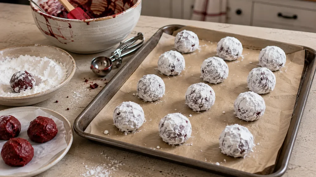 Unbaked red velvet cookie dough balls generously coated in powdered sugar on a parchment-lined baking sheet before baking.