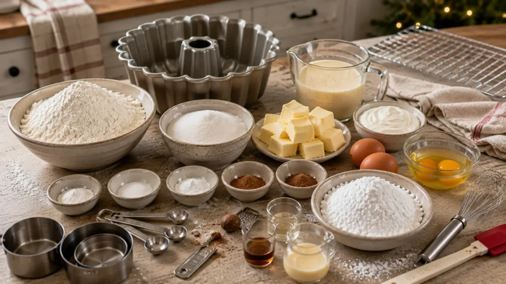 Ingredients for eggnog Bundt cake with flour, butter, eggs, eggnog, sour cream, nutmeg, cinnamon and rum glaze ingredients.