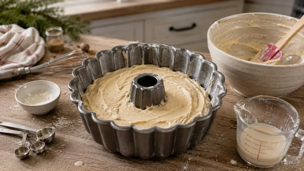 Raw spiced eggnog cake batter in a greased Bundt pan before baking, with the used mixing bowl and spatula nearby.