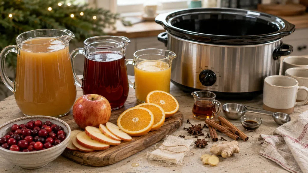 Ingredients for slow cooker Christmas wassail with apple cider, cranberry juice, orange juice, fresh fruit, cinnamon, cloves, ginger and star anise.