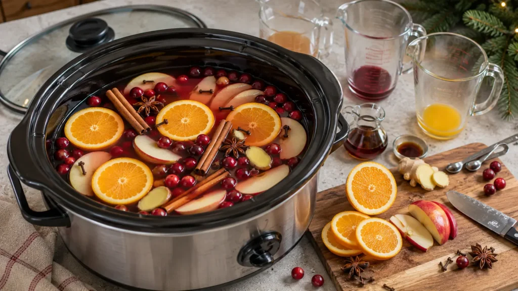 Unheated Christmas wassail punch freshly assembled in a slow cooker with orange slices, apples, cranberries and whole spices before cooking.