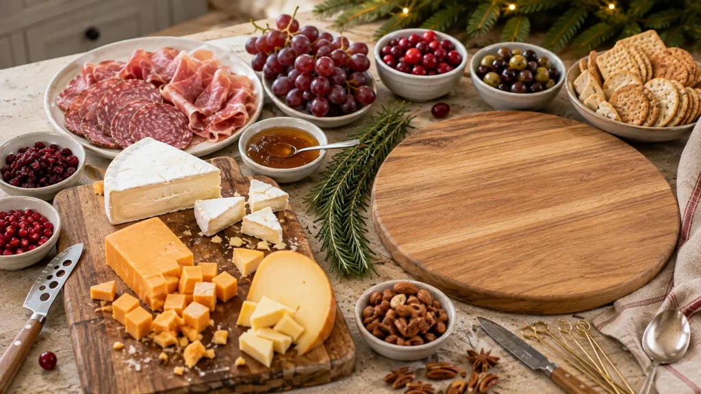 Ingredients for a Christmas charcuterie wreath including Brie, cheddar, Gouda, cured meats, crackers, grapes, olives, nuts, cranberries and rosemary.