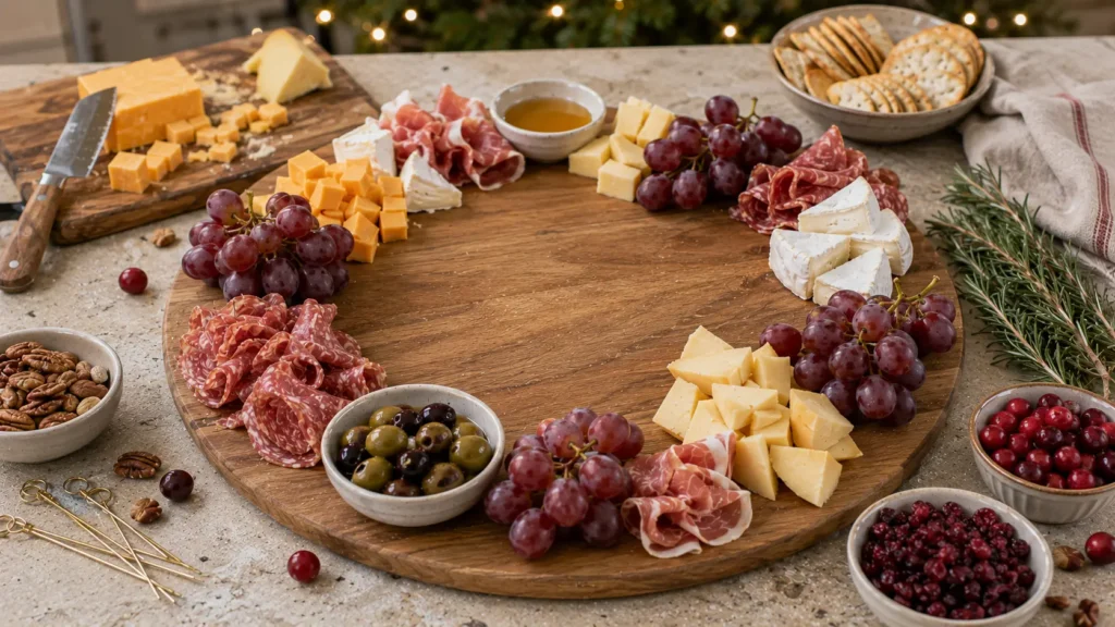 Partially assembled Christmas charcuterie wreath with cheese, cured meats and grapes on a round wooden board before adding crackers, rosemary and garnishes.