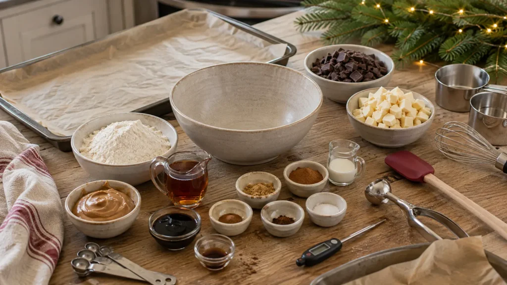 Ingredients for gingerbread cookie dough truffles with flour, almond butter, maple syrup, molasses, gingerbread spices and chocolate.