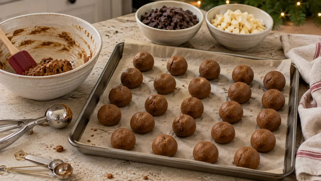 Uncoated gingerbread cookie dough truffle balls on parchment before chilling and dipping in dark and white chocolate.