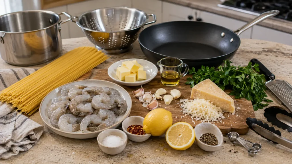 Ingredients for garlic butter shrimp pasta including raw shrimp, spaghetti, butter, garlic, lemon, Parmesan and fresh parsley.