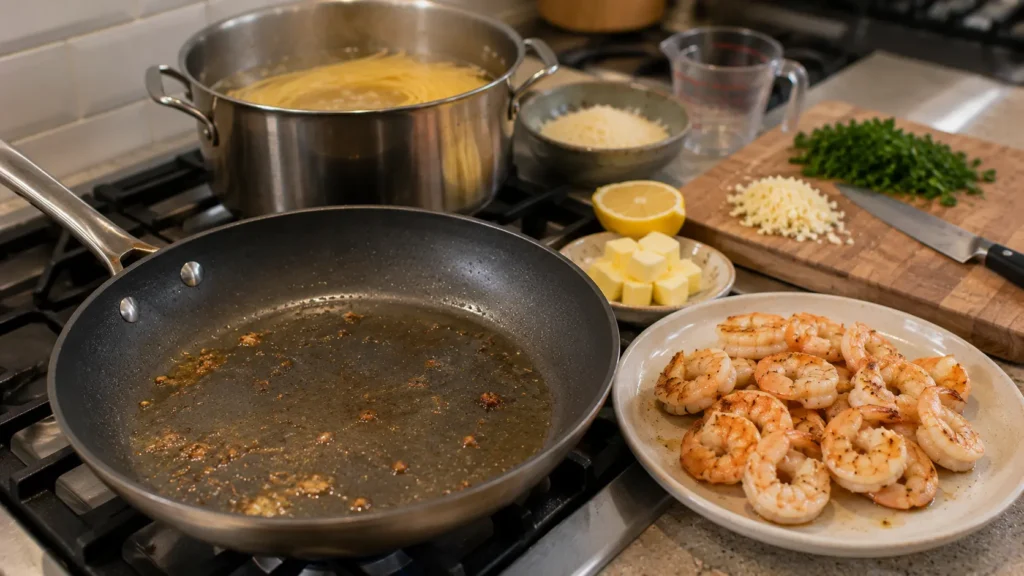 Seared shrimp resting beside a skillet while spaghetti cooks, before making the garlic butter sauce and combining the pasta.
Select 81 more words to run Humanizer.