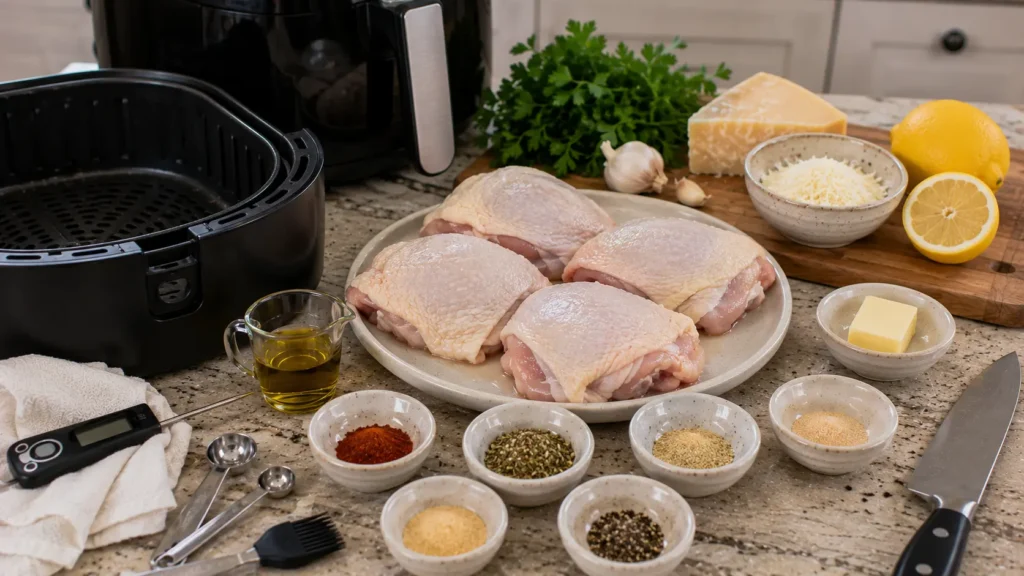 Ingredients for air fryer garlic Parmesan chicken thighs with raw chicken, Parmesan, garlic, butter, herbs, paprika and lemon.
