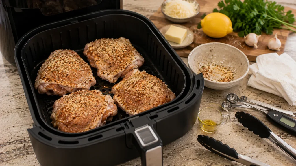 Raw seasoned garlic Parmesan chicken thighs arranged skin-side down in an air fryer basket before cooking.