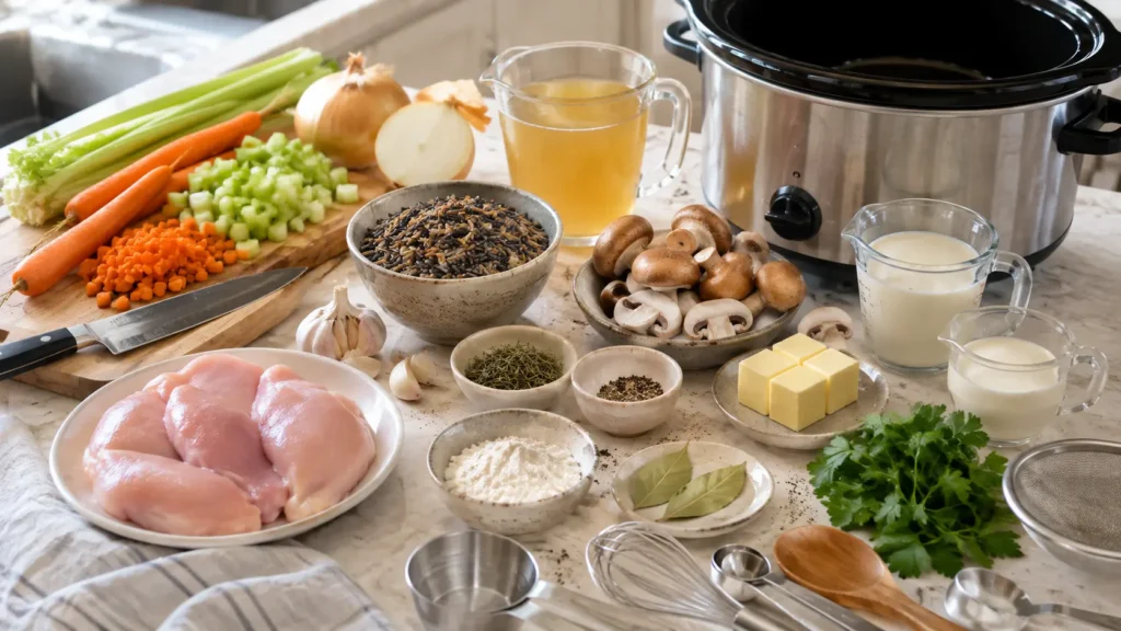 Ingredients for crockpot chicken and wild rice soup including raw chicken, wild rice, carrots, celery, mushrooms, broth, milk and herbs.