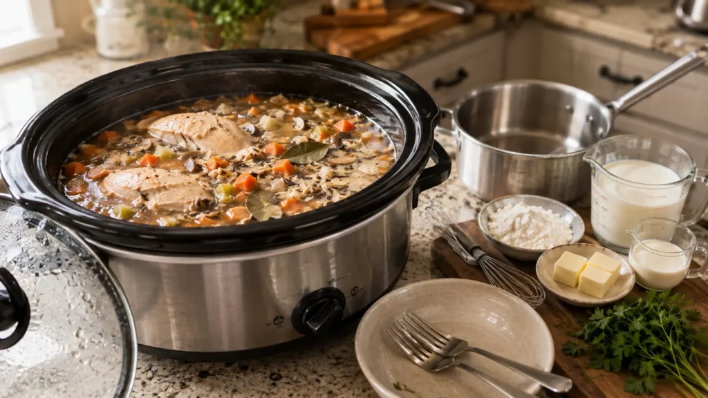 Chicken, wild rice and vegetables slow-cooking in golden broth in a crockpot before the chicken is shredded and the creamy mixture is added.