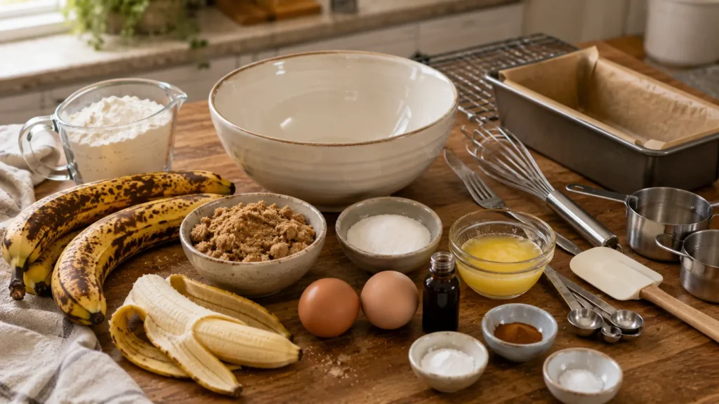 Ingredients for easy one bowl banana bread including ripe spotted bananas, flour, butter, brown sugar, eggs, cinnamon and vanilla around a mixing bowl.