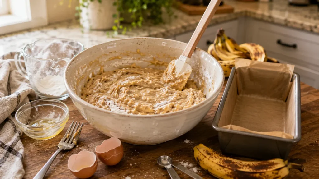 One bowl banana bread batter partially mixed with visible flour streaks beside a parchment-lined loaf pan before baking.