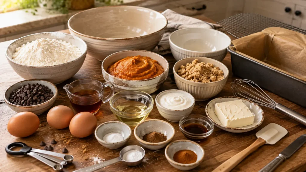 Ingredients for pumpkin chocolate chip bread with pumpkin puree, cream cheese, chocolate chips, flour, eggs, Greek yogurt, maple syrup and fall spices.