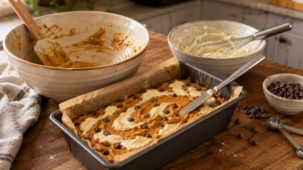 Unbaked pumpkin chocolate chip bread batter layered with cream cheese mixture in a parchment-lined loaf pan during the swirling stage before baking.