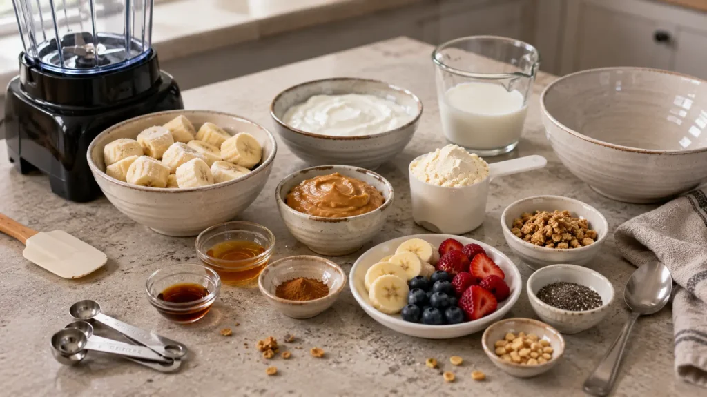 Ingredients for a peanut butter protein smoothie bowl including frozen banana, peanut butter, Greek yogurt, protein powder, milk, berries, granola and chia seeds.
