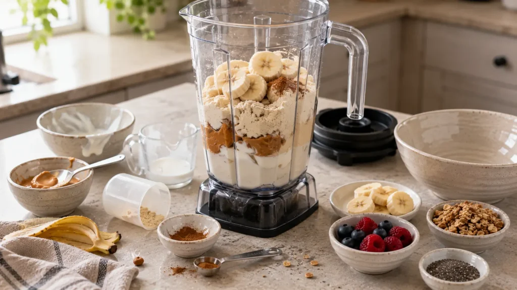 Frozen banana, Greek yogurt, peanut butter, protein powder and milk layered unblended inside a blender for a peanut butter protein smoothie bowl.