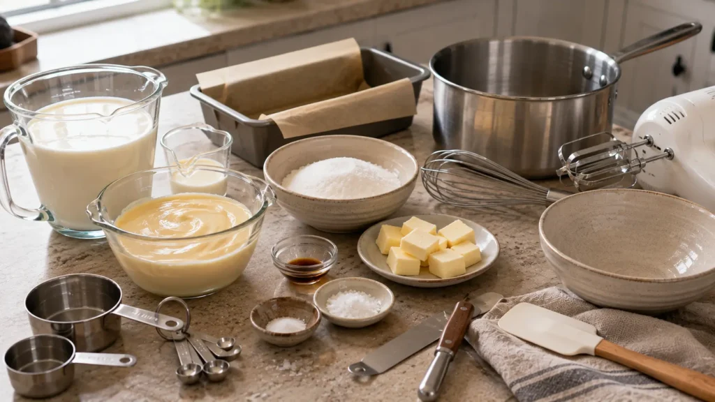 Ingredients for no-churn salted caramel ice cream including heavy cream, condensed milk, sugar, butter, vanilla and sea salt.